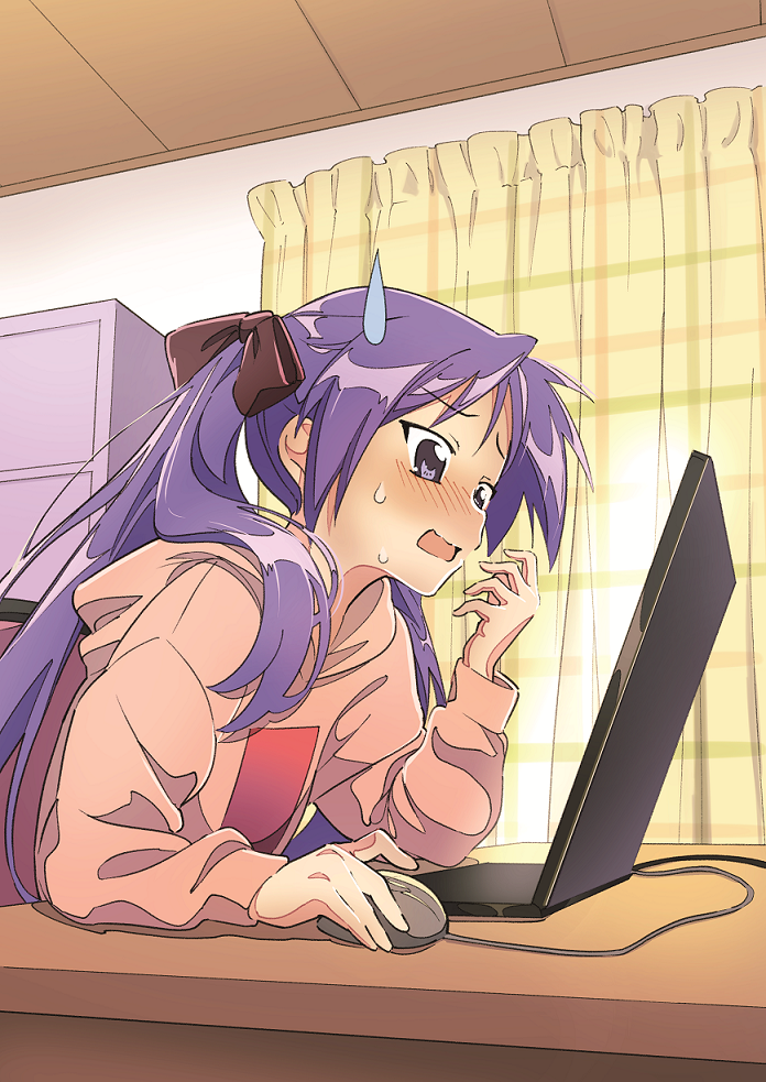 1girl, bangs, beige_hoodie, blush, bow, brown_bow, chair, commentary_request, computer, curtains, desk, eyebrows_visible_through_hair, grey_eyes, hair_bow, hand_up, hiiragi_kagami, holding_mouse_(computer), hood, hoodie, hotaru_iori, indoors, laptop, long_hair, looking_at_object, lucky_star, mouse_(computer), open_mouth, purple_hair, shiny, shiny_hair, sitting, solo, sweat, tongue