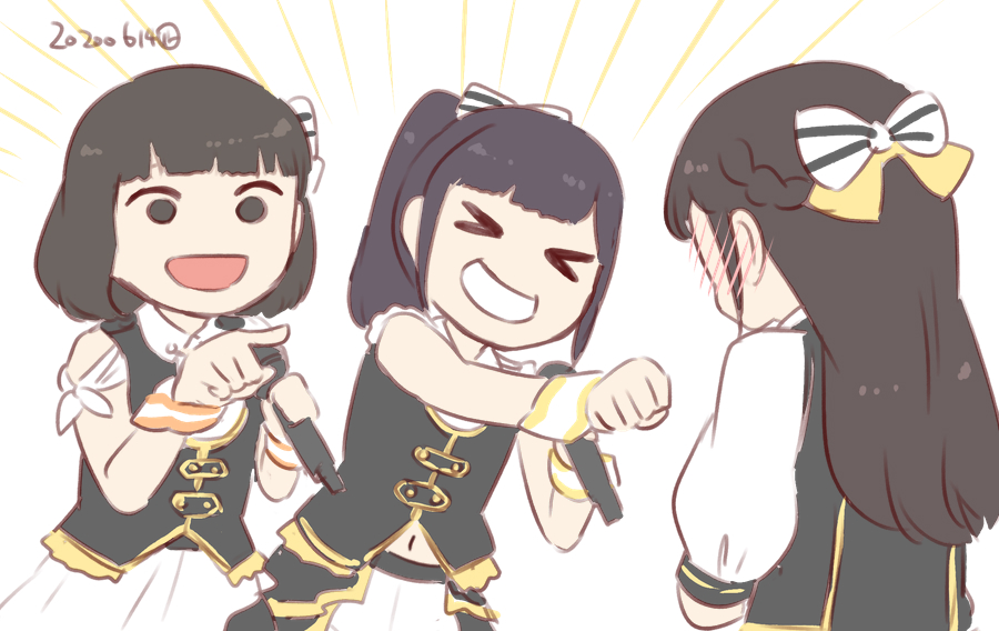 >_<, 3girls, :d, black_hair, black_vest, blush, bow, braid