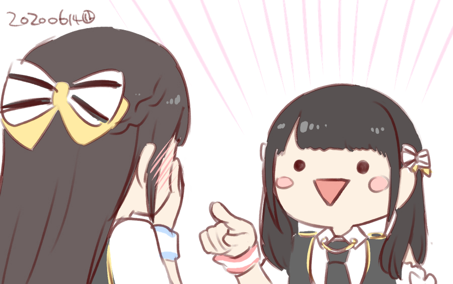 2girls, asakura_momo, black_hair, black_neckwear, blush, blush_stickers, bow, braid, chibi, from_behind, idolmaster, idolmaster_million_live!, laughing, looking_at_another, multiple_girls, nagian, open_mouth, pointing, real_life, seiyuu, seiyuu_connection, simple_background, smile, tadokoro_azusa, upper_body, white_background, white_bow, wrist_cuffs