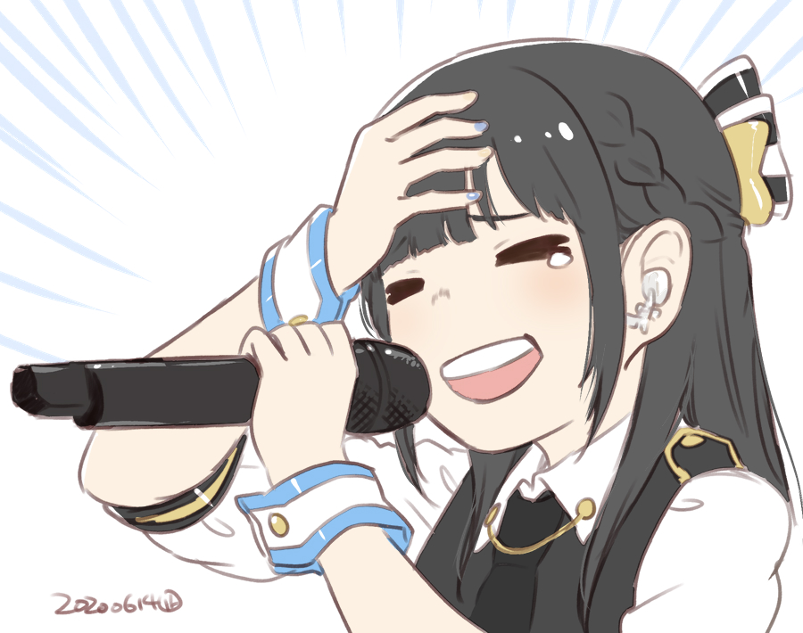 >_<, 1girl, :d, black_hair, black_vest, blush, bow, braid