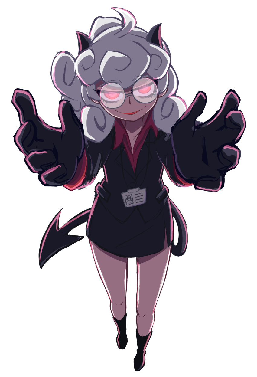 1girl, absurdres, black_footwear, black_gloves, black_skirt, black_suit, curly_hair, demon_tail