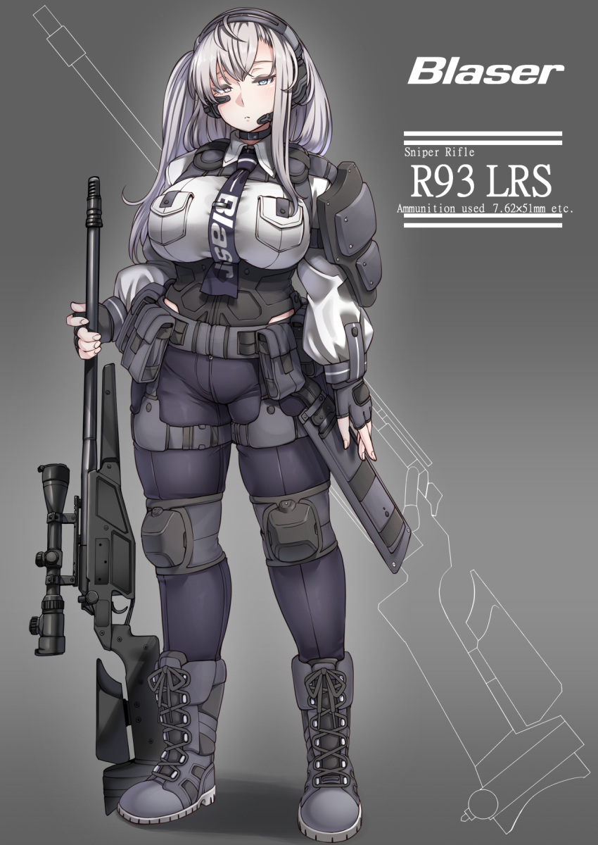 1girl, belt, blaser_r93, bodysuit, bolt_action, boots, breast_pocket, breasts, choker, combat_boots, combat_knife, commentary_request, cross-laced_footwear, english_text, expressionless, fingerless_gloves, gloves, gun, headset, highres, holding, holding_gun, holding_weapon, knee_pads, knife, lace-up_boots, large_breasts, long_hair, long_sleeves, looking_at_viewer, military, necktie, original, personification, pocket, pouch, rifle, ryuun_(stiil), scope, sheath, sheathed, shoulder_armor, side_ponytail, sidelocks, silver_hair, simple_background, sniper_rifle, solo, tie_clip, utility_belt, weapon