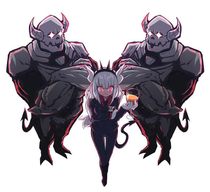 1girl, 2boys, absurdres, black_footwear, black_pants, blush, crossed_arms, crown, cup, demon_tail, drinking_glass, frown, glorious_success, gloves, helltaker, highres, horns, krr316, looking_at_viewer, lucifer_(helltaker), multiple_boys, pants, red_eyes, red_shirt, shirt, tail, white_gloves, white_hair, wine_glass