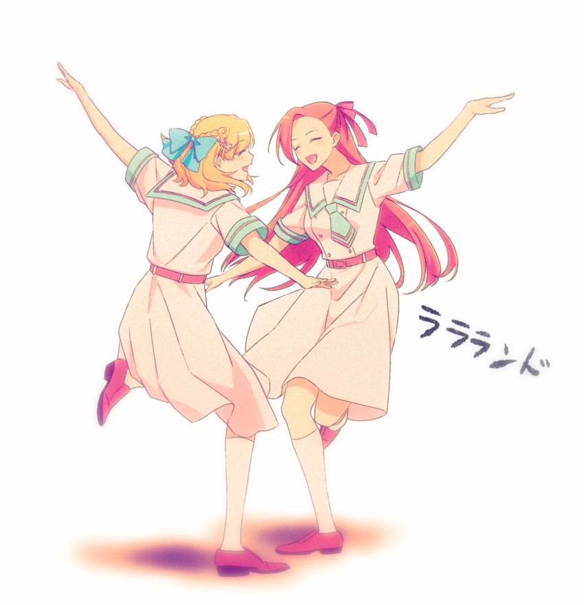 2girls, asymmetrical_bangs, bangs, belt, black_belt, blonde_hair, bow, braid