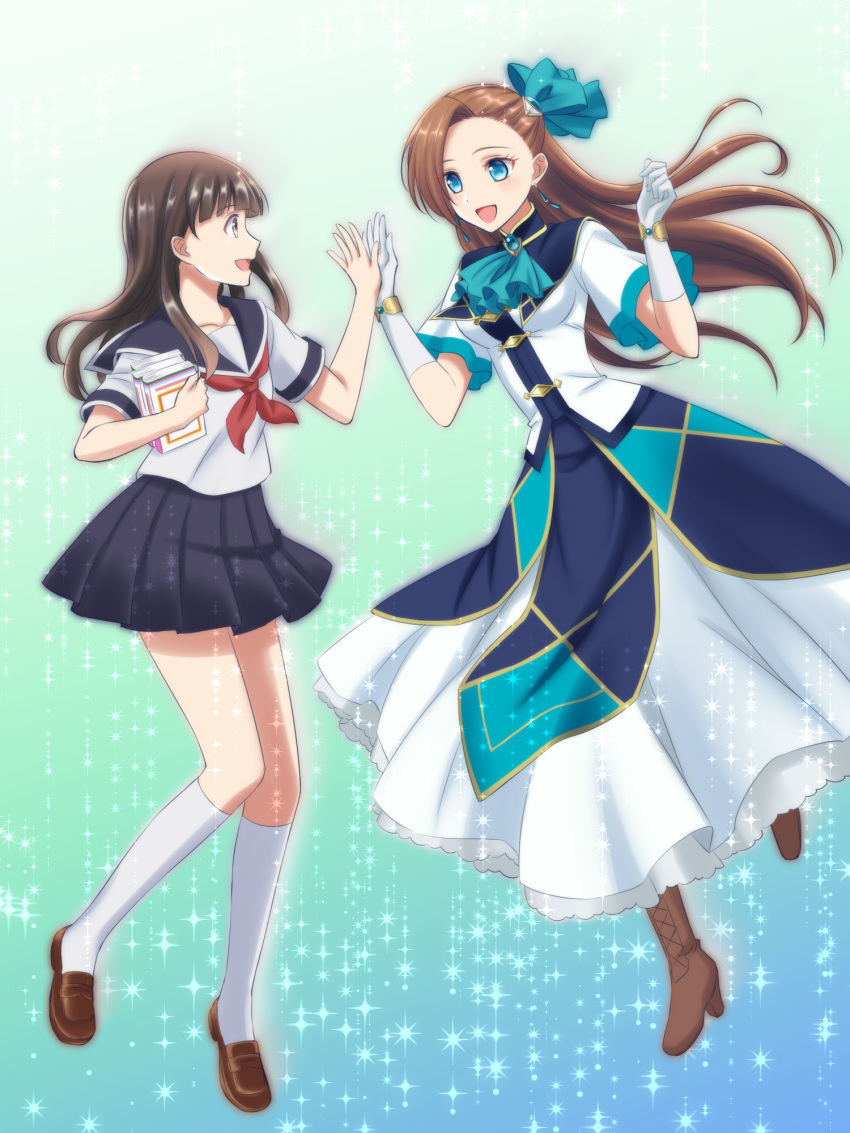 2girls, ascot, asymmetrical_bangs, bangs, black_footwear, black_skirt, blouse, blue_bow, blue_dress, blue_eyes, blue_neckwear, blunt_bangs, book, boots, bow, bracelet, brooch, brown_eyes, brown_footwear, brown_hair, commentary, dress, floating, gloves, green_background, hair_bow, hair_ornament, high_collar, high_five, high_heel_boots, high_heels, highres, holding, holding_book, jewelry, kakiko210, katarina_claes, kneehighs, loafers, miniskirt, multiple_girls, neckerchief, otome_game_no_hametsu_flag_shika_nai_akuyaku_reijou_ni_tensei_shite_shimatta, pleated_skirt, red_neckwear, sasaki_atsuko_(hamefura), school_uniform, serafuku, shoes, short_sleeves, skirt, sparkle, time_paradox, white_blouse, white_gloves, white_legwear