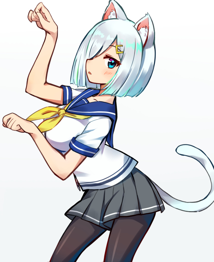 1girl, animal_ear_fluff, animal_ears, black_legwear, blue_eyes, blue_sailor_collar, blush, breasts