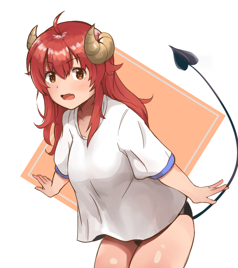 1girl, ahoge, breasts, brown_eyes, commentary_request, curled_horns, demon_girl, demon_horns