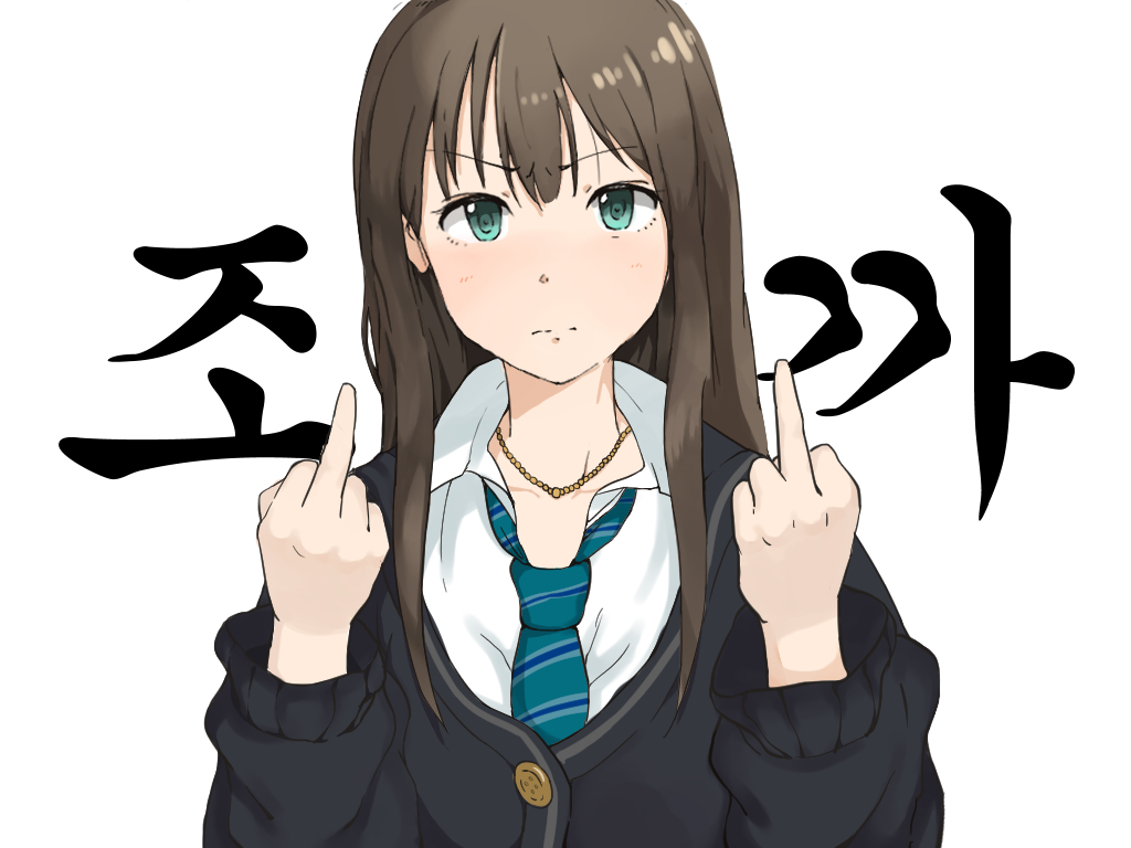 1girl, bangs, brown_hair, buttons, closed_mouth, collared_shirt, commentary_request, double_middle_finger