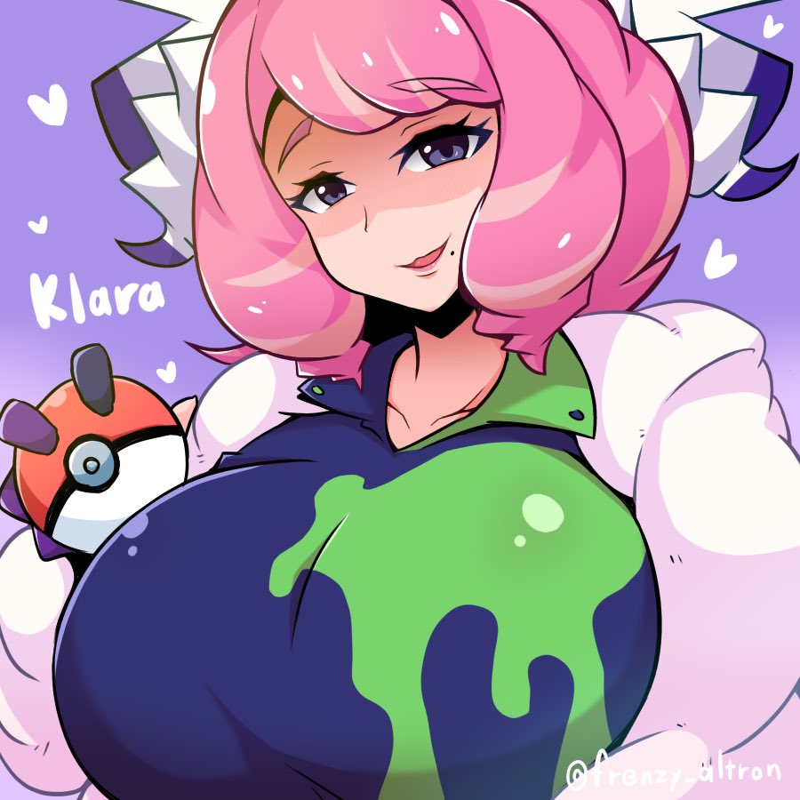 1girl, blue_background, breasts, character_name, commentary_request, eyebrows_visible_through_hair, heart, kurara_(pokemon)