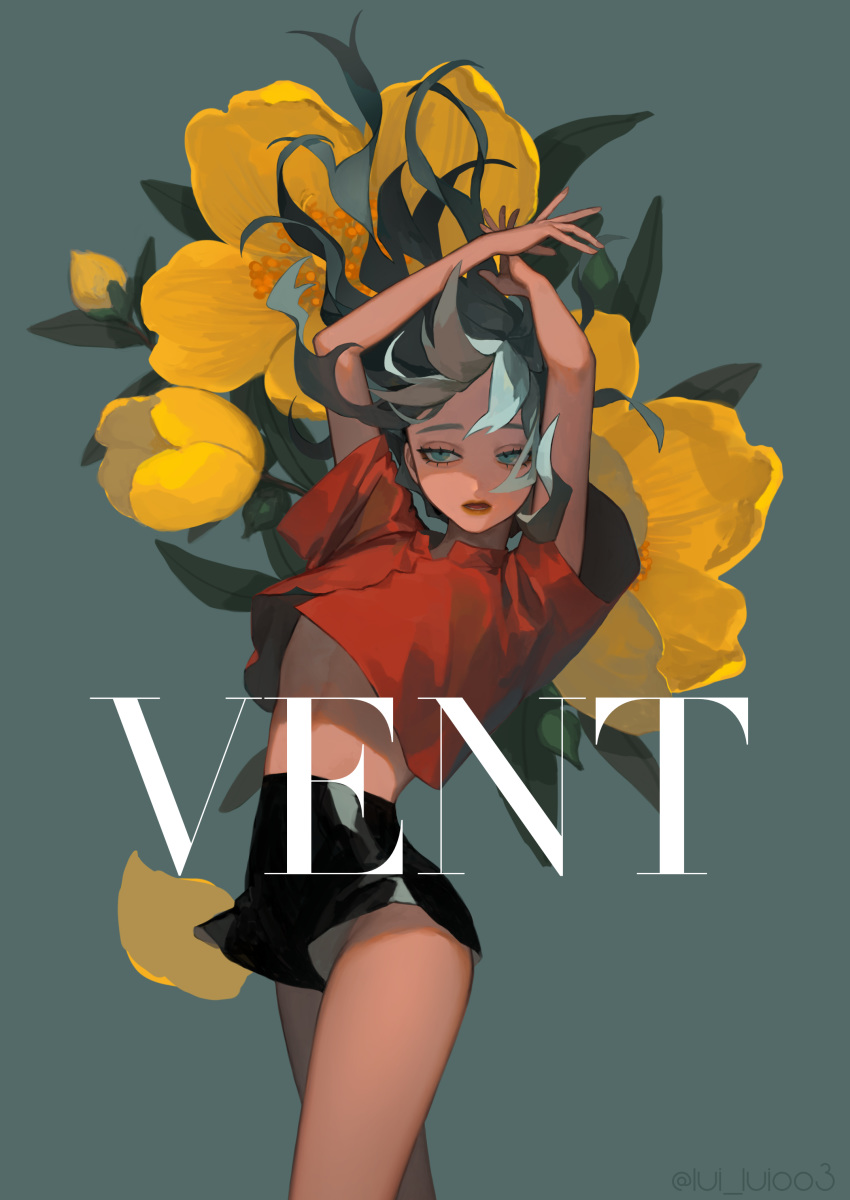 1girl, abs, absurdres, arms_up, black_shorts, blue_eyes, english_text, floating_hair