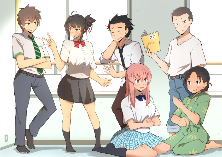 2016, 3boys, 3girls, absurdres, ahoge, black_hair, black_legwear, black_neckwear