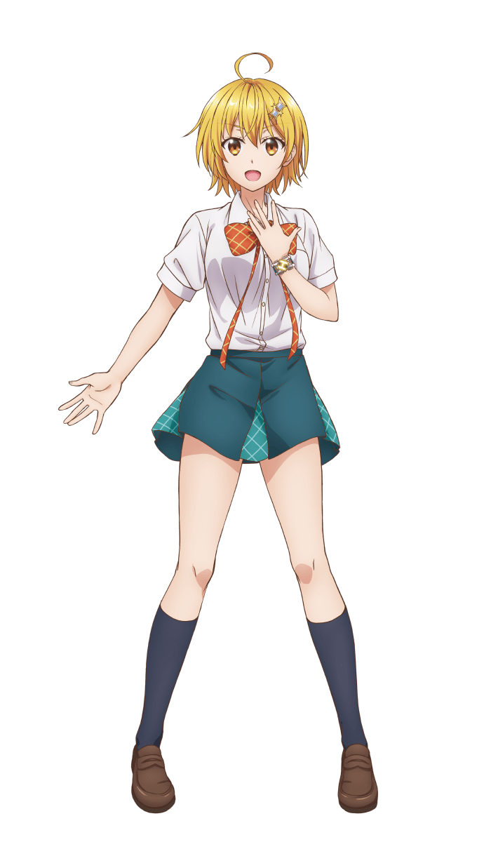 1girl, blonde_hair, dokyuu_hentai_hxeros, highres, hoshino_kirara, official_art, pleated_skirt, school_uniform