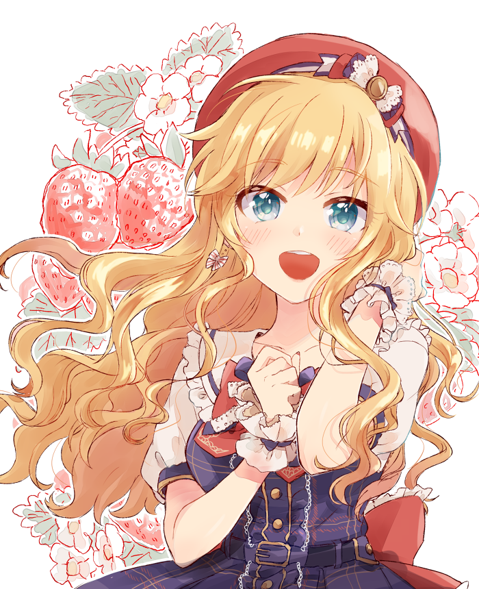 1girl, :d, bangs, beret, beroperone, blonde_hair, blue_dress, blue_eyes