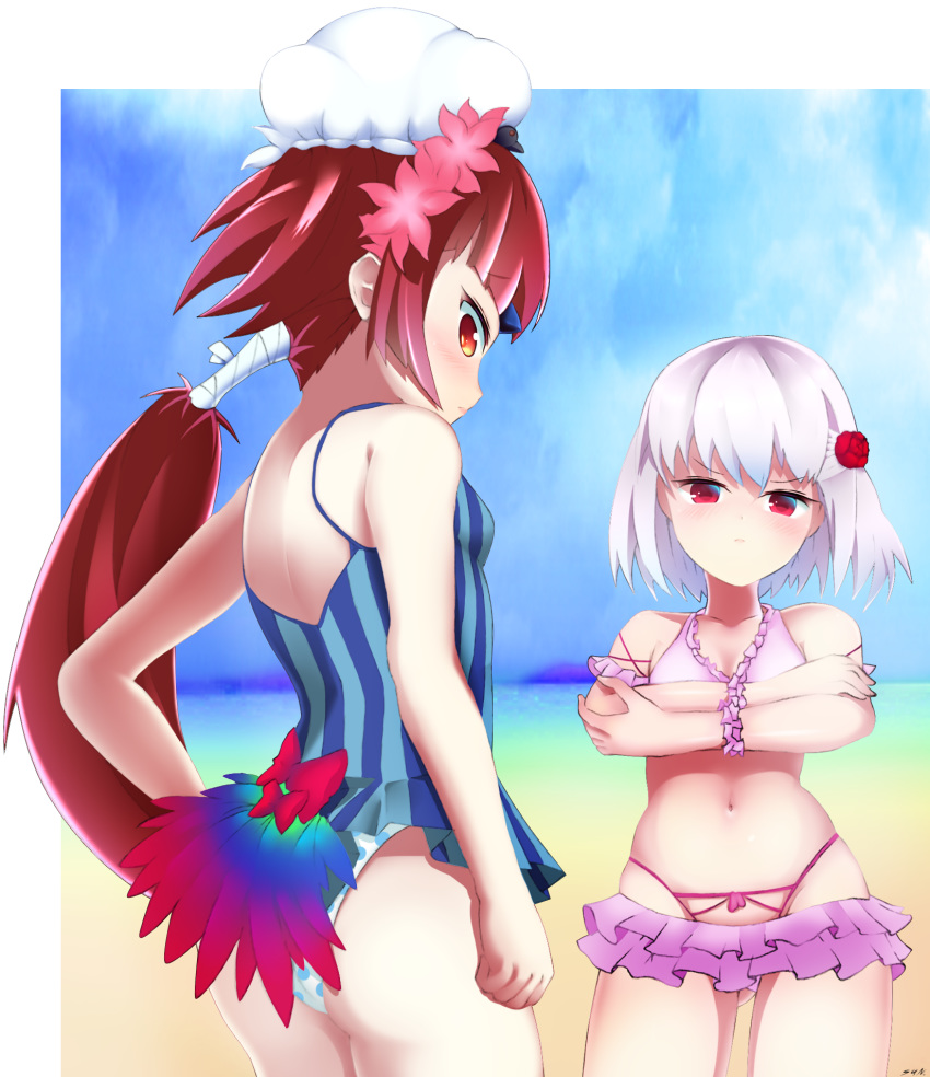 ass, bangs, bare_shoulders, beach, benienma_(fate/grand_order), bikini, bikini_skirt, blue_sky