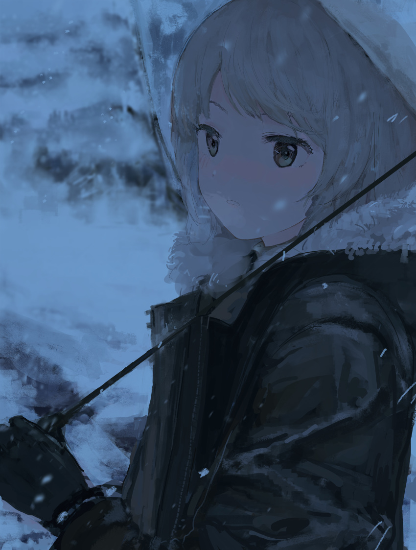 1girl, absurdres, aikatsu!, aikatsu!_(series), as4kla, character_request, fur-trimmed_jacket, fur_trim, gloves, highres, holding, holding_umbrella, jacket, looking_at_viewer, outdoors, parted_lips, scenery, short_hair, snow, snowing, solo, transparent, transparent_umbrella, umbrella, white_hair, winter