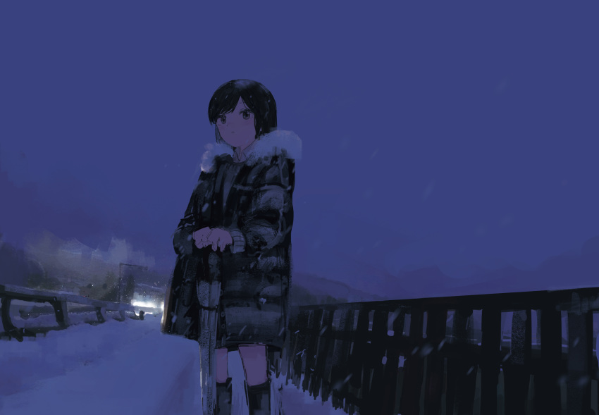 1girl, as4kla, bangs, black_hair, character_request, copyright_request, fur-trimmed_jacket, fur_trim
