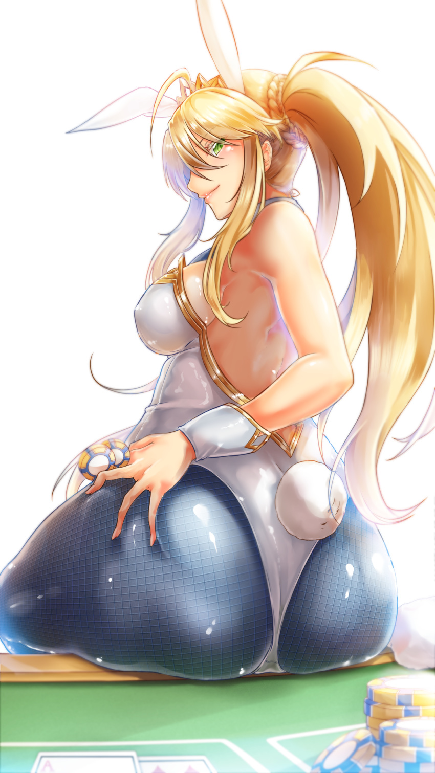 1girl, ahoge, animal_ears, artoria_pendragon_(all), artoria_pendragon_(swimsuit_ruler)_(fate), ass, blonde_hair, braid