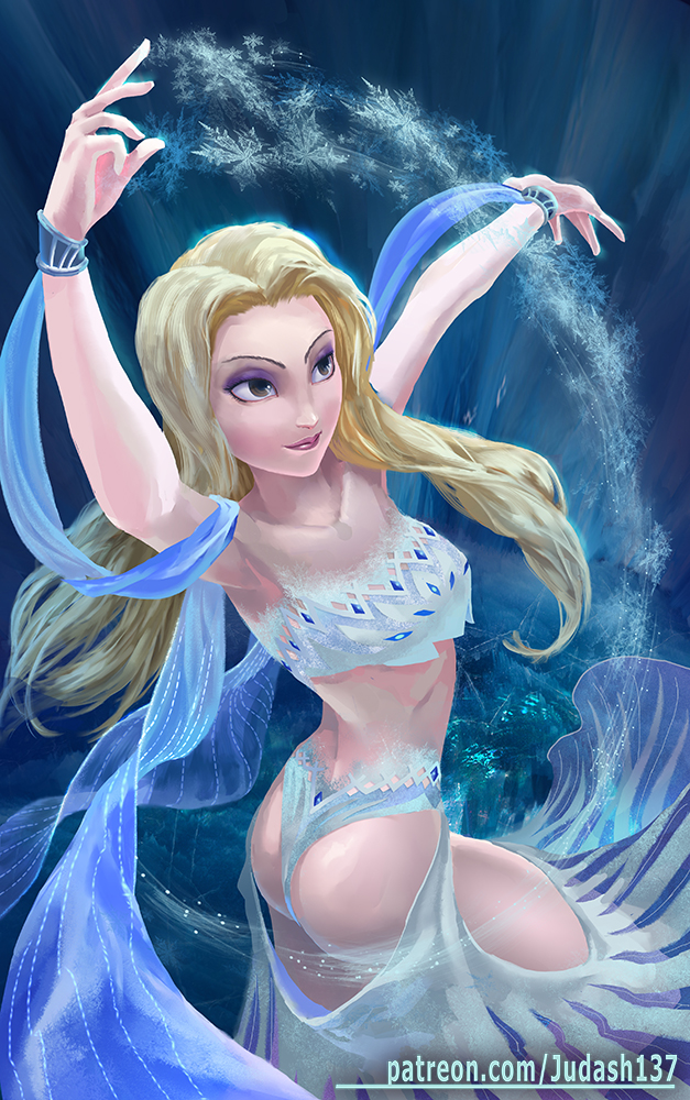 1girl, arm_up, ass, bare_shoulders, bikini, blonde_hair, blue_background, blue_eyes