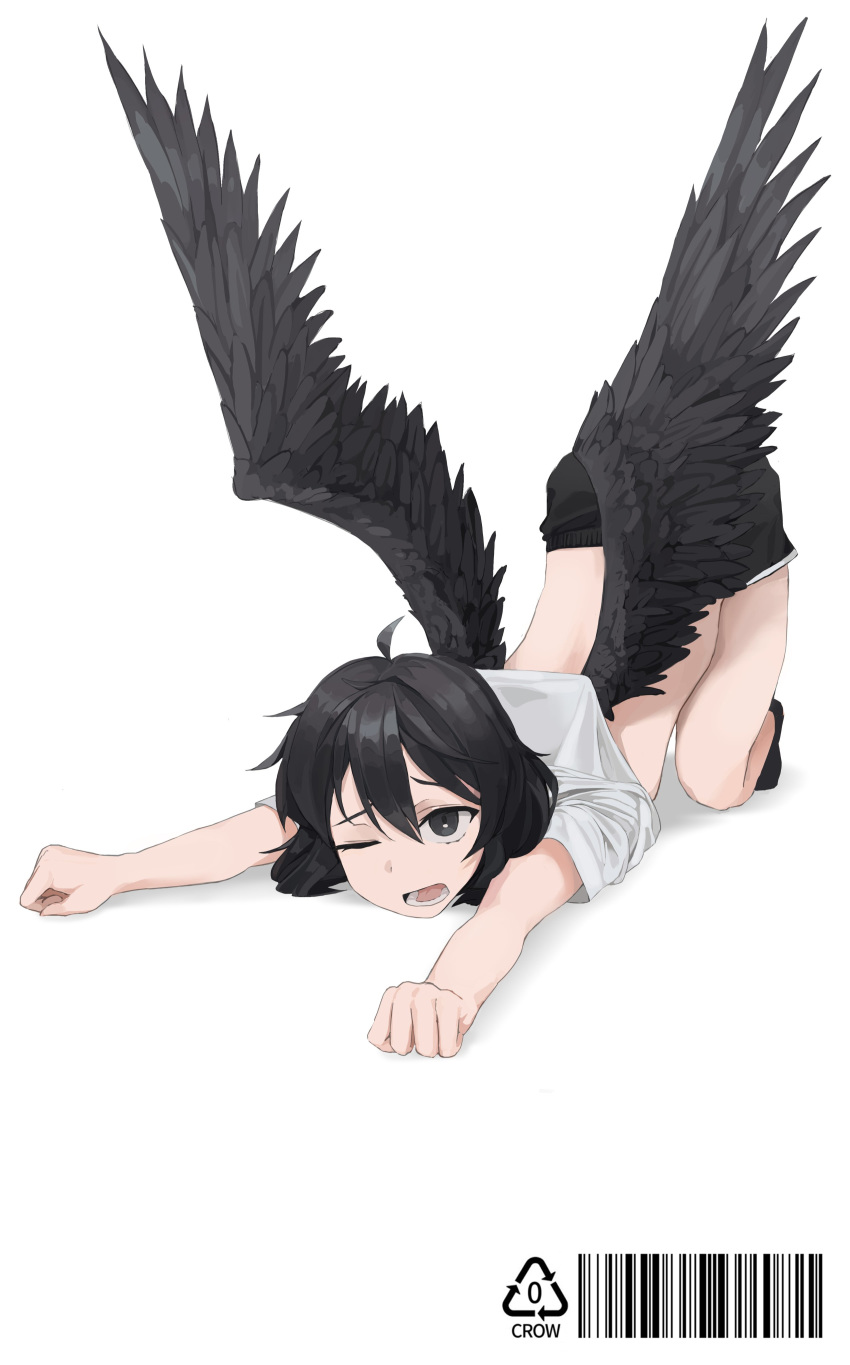 1girl, absurdres, ahoge, all_fours, artist_name, barcode, bird_wings, black_hair, black_legwear, black_shorts, black_wings, clenched_hands, crowcrycaw, grey_eyes, hair_between_eyes, highres, kneeling, lying, messy_hair, on_stomach, one_eye_closed, open_mouth, original, shirt, short_hair, shorts, sidelocks, simple_background, socks, solo, top-down_bottom-up, white_background, white_shirt, wings