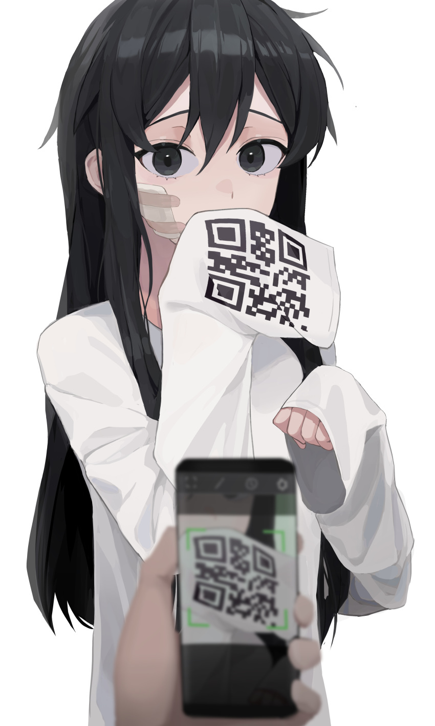 1girl, absurdres, bandages, bandaid, bandaid_on_face, bangs, blurry_foreground, cellphone