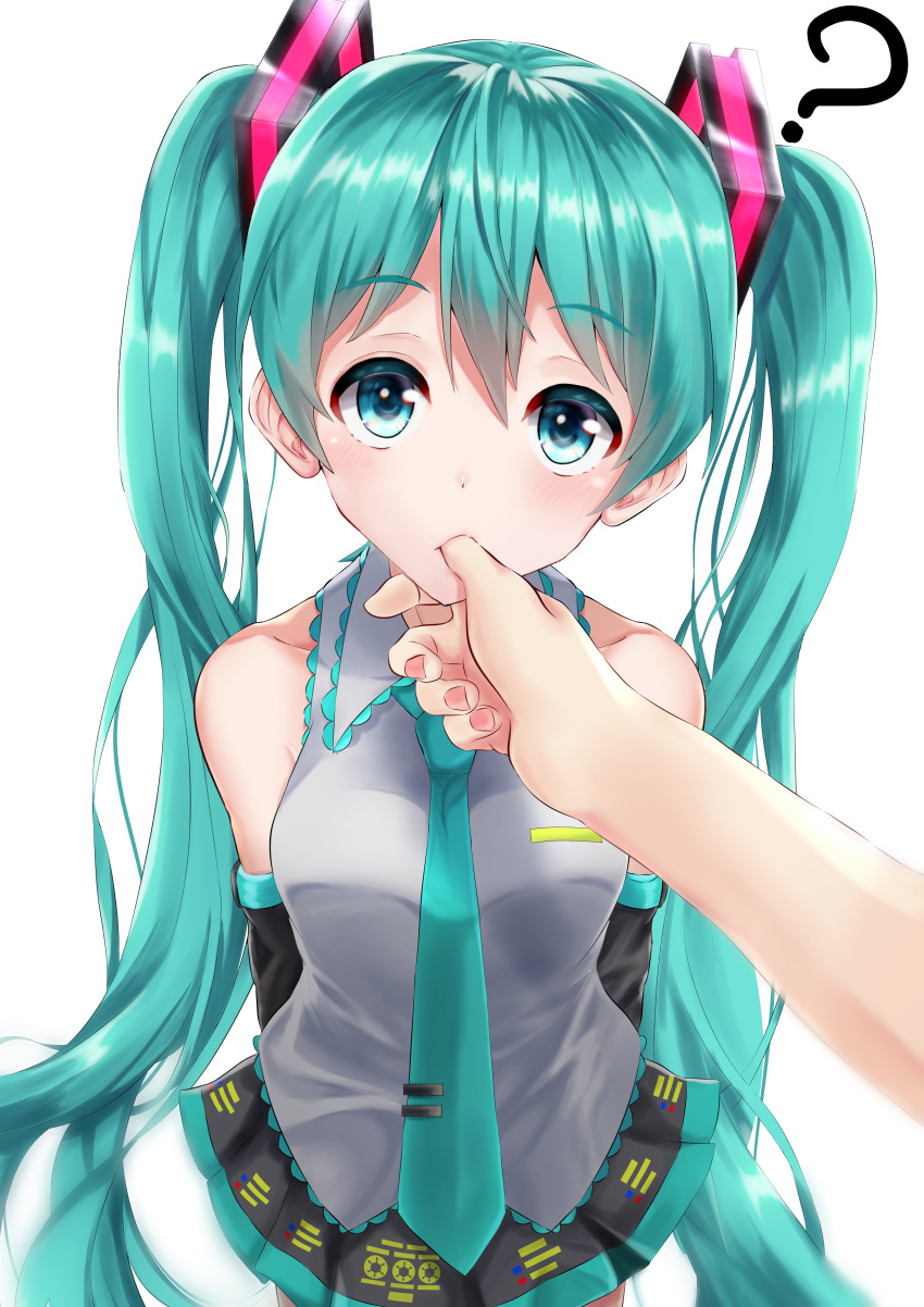 1girl, ?, absurdres, aqua_eyes, aqua_hair, aqua_neckwear, arms_behind_back, bare_shoulders