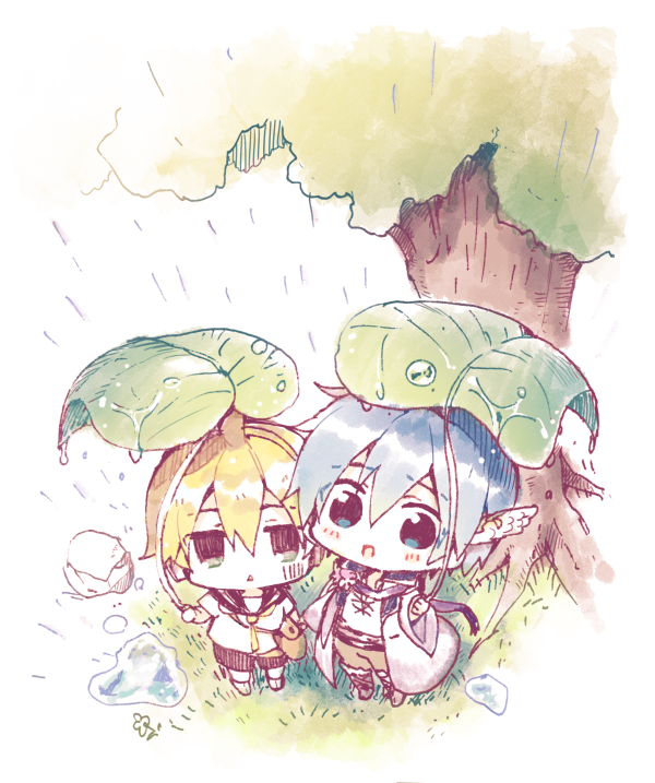 2boys, bag, barcode, black_collar, black_shorts, blonde_hair, blue_eyes, blue_hair