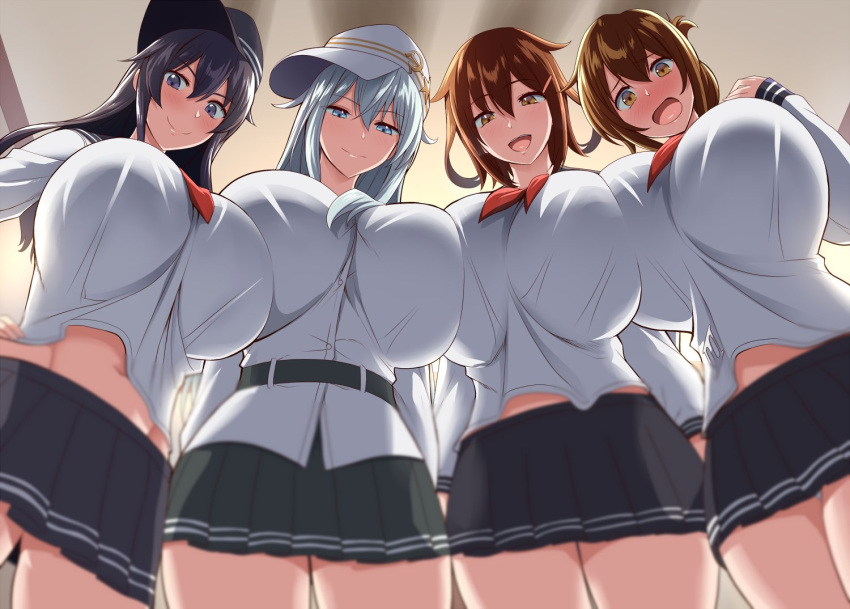 4girls, akatsuki_(kantai_collection), black_hair, blue_eyes, breasts, brown_eyes, brown_hair, folded_ponytail