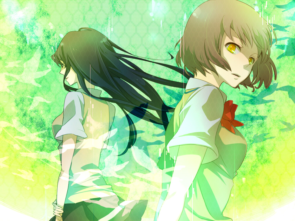 2girls, black_eyes, black_hair, bow, bowtie, brown_hair, floating_hair, kaminagi_ryouko, long_hair, looking_at_viewer, looking_down, maihama_minami_high_school_uniform, misaki_shizuno, multiple_girls, red_neckwear, reichi, school_uniform, short_hair, short_sleeves, yellow_eyes, zegapain