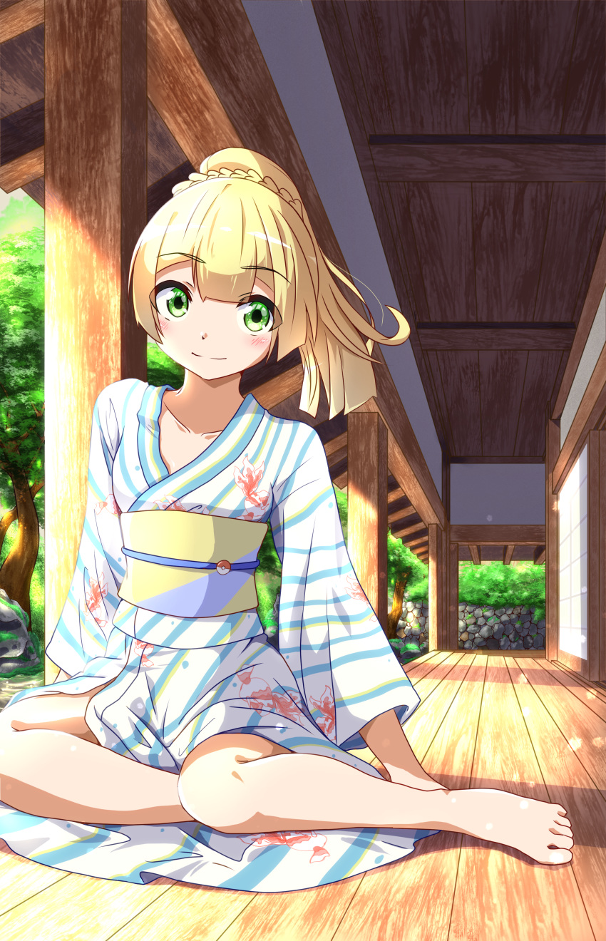 absurdres, barefoot, blonde_hair, collarbone, gen_1_pokemon, goldeen, green_eyes, high_ponytail