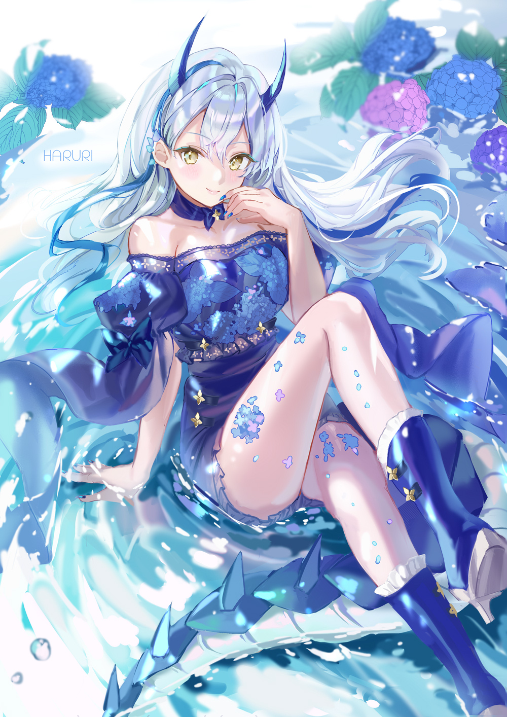 1girl, arm_support, bangs, bare_shoulders, blue_bow, blue_dress, blue_flower, blue_footwear