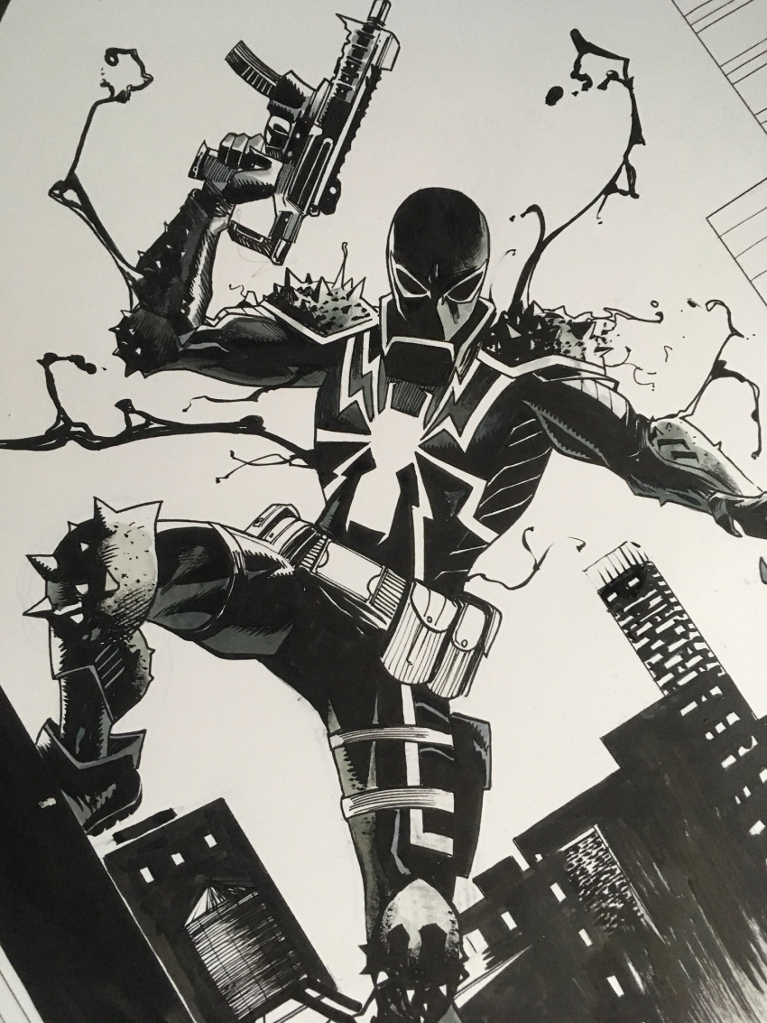 1boy, agent_venom, armor, belt, bodysuit, bug, building, city