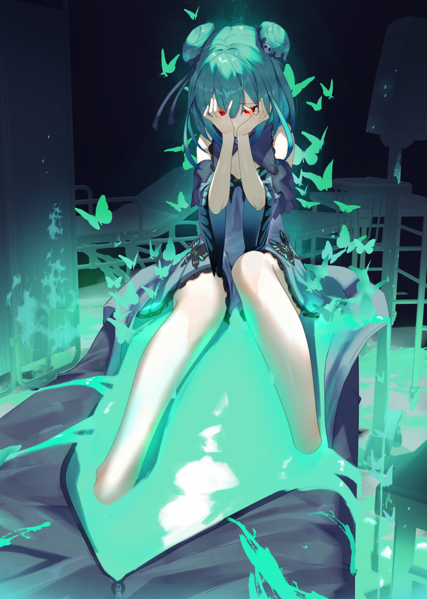 1girl, absurdres, aqua_hair, bangs, bare_legs, bare_shoulders, blue_dress, body_bag