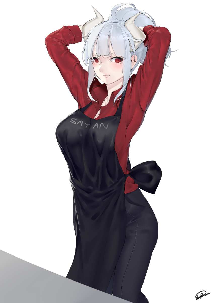 1girl, absurdres, apron, arms_behind_head, bangs, black_pants, blush, breasts, character_name, collarbone, commentary, demon_girl, demon_horns, hands_in_hair, helltaker, highres, horns, large_breasts, long_hair, looking_at_viewer, lubban, lucifer_(helltaker), mole, mole_under_eye, pants, red_eyes, red_shirt, shirt, simple_background, solo, white_background, white_hair, white_horns
