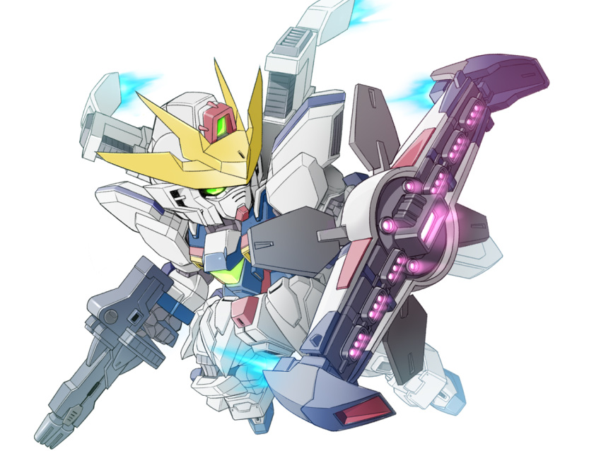 after_war_gundam_x, beam_rifle, chibi, energy_gun, flying, green_eyes, gun, gundam