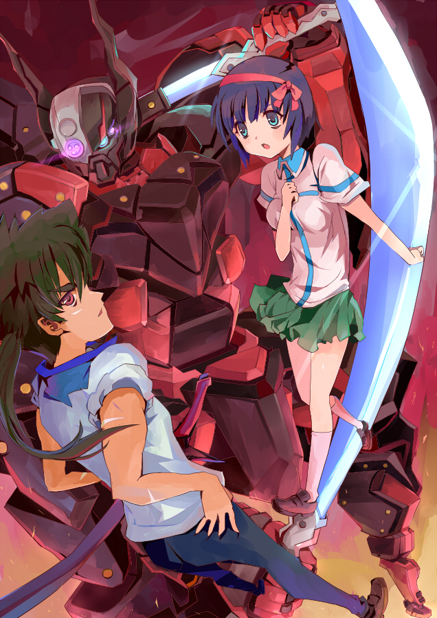1boy, 1girl, black_hair, blue_eyes, blue_hair, clenched_hands, extra_eyes, green_skirt