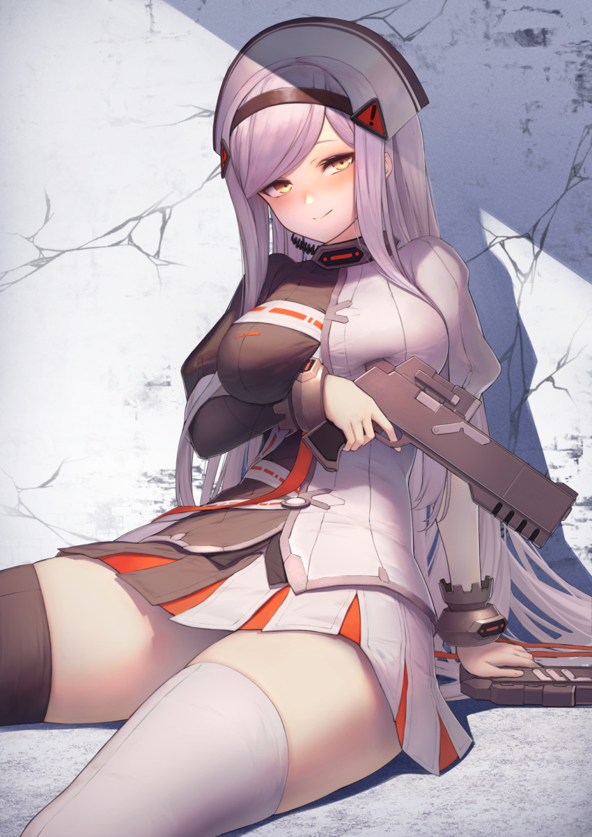 1girl, bangs, black_legwear, black_lilith_(last_origin), blush, breasts, gun, hairband