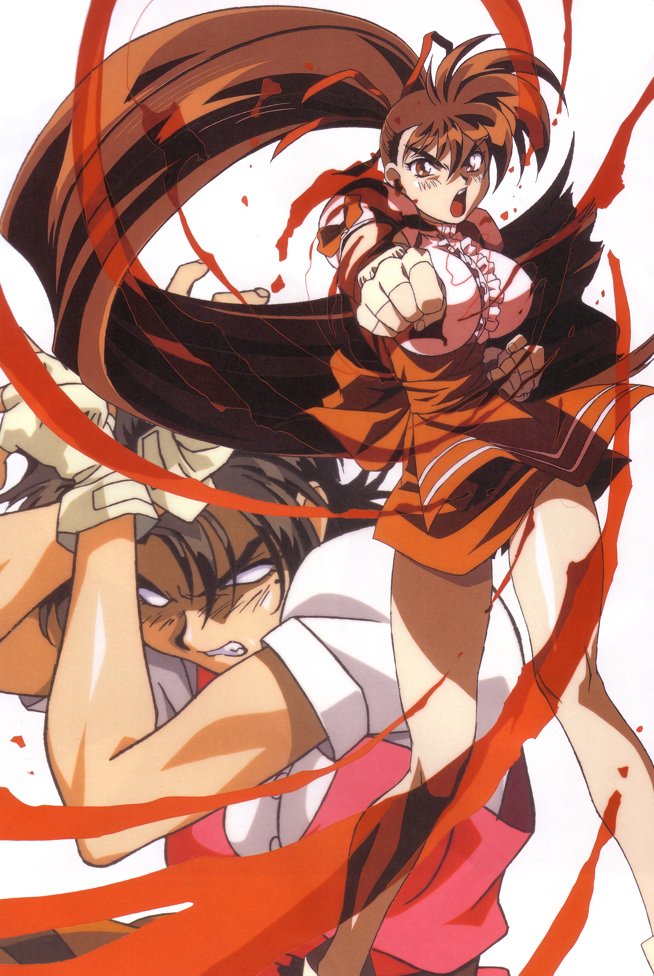 1990s_(style), 2girls, brown_eyes, brown_hair, clenched_hands, crossed_arms, fingerless_gloves, floating_hair