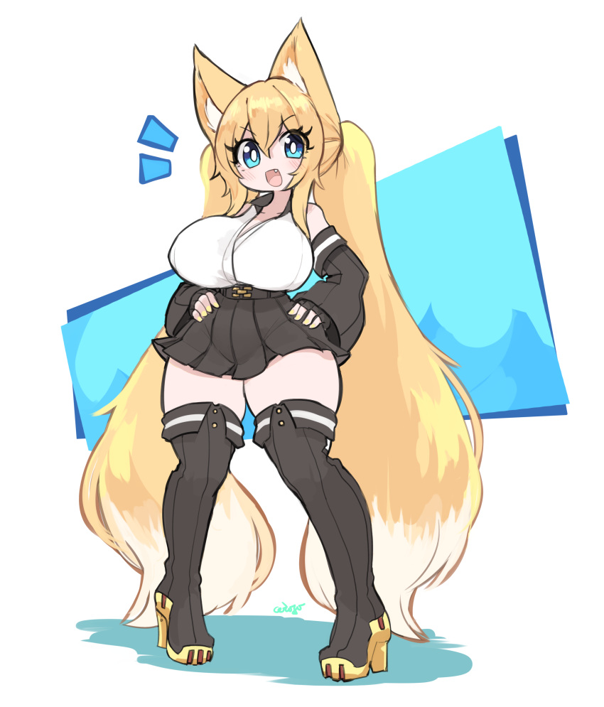 absurdres, alice_(flanaki), animal_ears, bare_shoulders, belt, blonde_hair, boots, breasts