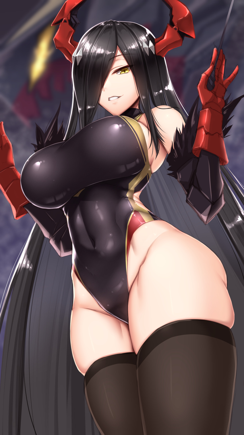 1girl, :d, absurdres, azur_lane, bangs, bare_shoulders, baton_(instrument), black_hair, black_legwear, black_swimsuit, breasts, cannon, competition_swimsuit, covered_navel, cowboy_shot, eyebrows_visible_through_hair, fanbox_reward, friedrich_der_grosse_(azur_lane), fur-trimmed_gloves, fur_trim, gloves, groin, hair_over_one_eye, hands_up, highleg, highleg_swimsuit, highres, holding, horns, impossible_clothes, large_breasts, legs_together, long_hair, looking_at_viewer, mechanical_horns, one-piece_swimsuit, open_mouth, paid_reward, parted_lips, red_gloves, red_horns, rigging, shiny_swimsuit, shuugetsu_karasu, sidelocks, skindentation, smile, solo, standing, swimsuit, teeth, thigh-highs, very_long_hair, world_of_warships, yellow_eyes