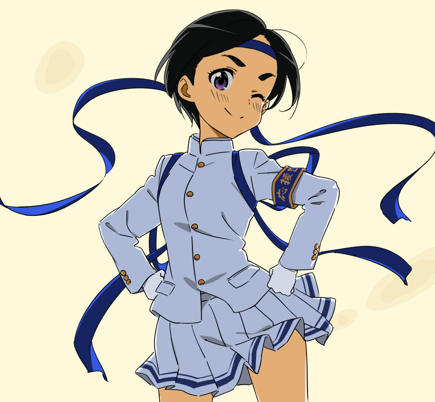 1girl, ;), armband, black_hair, blue_headband, blue_ribbon, closed_mouth, commentary_request