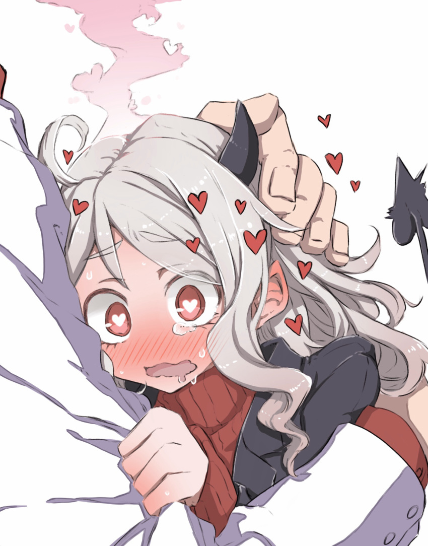 1girl, black_horns, black_suit, blush, breasts, commentary_request, demon_girl, demon_horns, demon_tail, drooling, head_steam, heart, heart-shaped_pupils, helltaker, helltaker_(character), highres, horns, hug, long_sleeves, modeus_(helltaker), nwon'yo_pasun, red_eyes, red_sweater, short_hair, simple_background, sleeves_past_wrists, sweater, symbol-shaped_pupils, tail, tearing_up, tears, turtleneck, white_background, white_hair