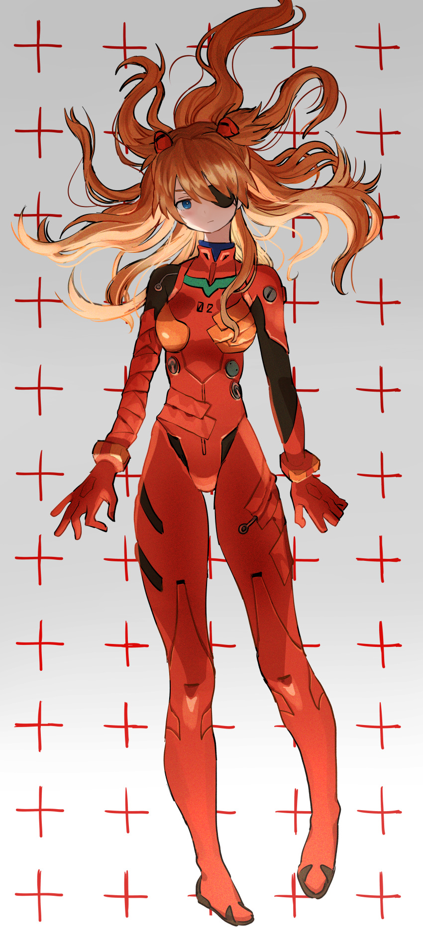 >:(, 1girl, 2020, absurdres, arms_at_side, blue_eyes, cross_print, evangelion:_3.0_you_can_(not)_redo