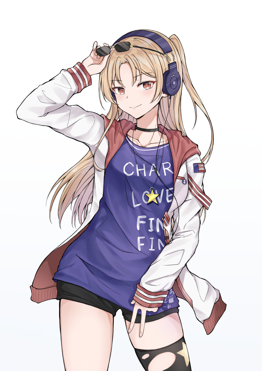 1girl, absurdres, azur_lane, blonde_hair, breasts, cleveland_(azur_lane), cleveland_(road_trip!)_(azur_lane), headphones