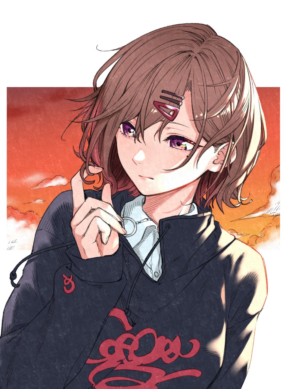 1girl, aisu_reizou, bangs, black_hoodie, blush, brown_hair, clothes_writing, clouds