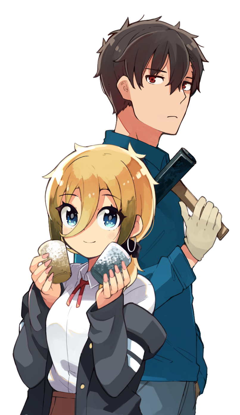 1boy, 1girl, bangs, blonde_hair, blue_eyes, brown_hair, closed_eyes, collared_shirt, cuprum_no_hanayome, earrings, eyelashes, eyes_visible_through_hair, gradient_hair, gyaru, hair_between_eyes, hammer, highres, holding, hoop_earrings, jewelry, looking_at_viewer, low_ponytail, multicolored_hair, nail_polish, namo_(goodbyetears), neck_ribbon, off-shoulder_jacket, raised_eyebrows, red_neckwear, red_ribbon, ribbon, scrunchie, shirt, short_hair, side_ponytail, sidelocks, simple_background, size_difference, smile, two-tone_hair, white_background, white_shirt