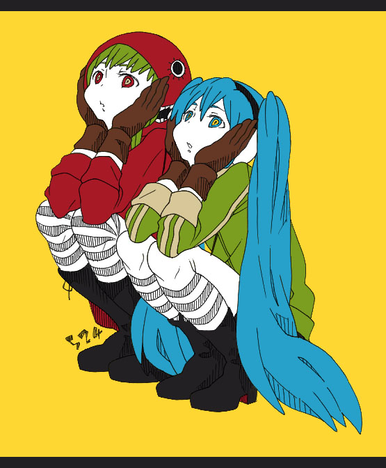 2girls, asaiasa0, blue_eyes, blue_hair, boots, expressionless, eye_print, full_body