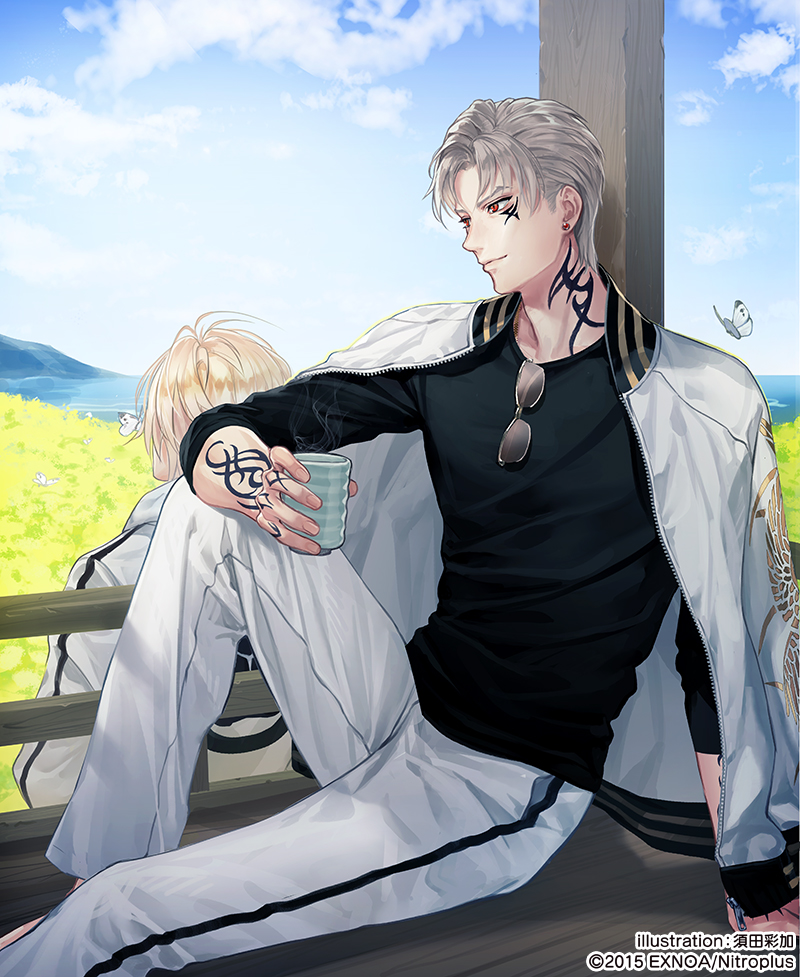 2boys, arm_tattoo, blonde_hair, blue_sky, bug, butterfly, clouds, cup