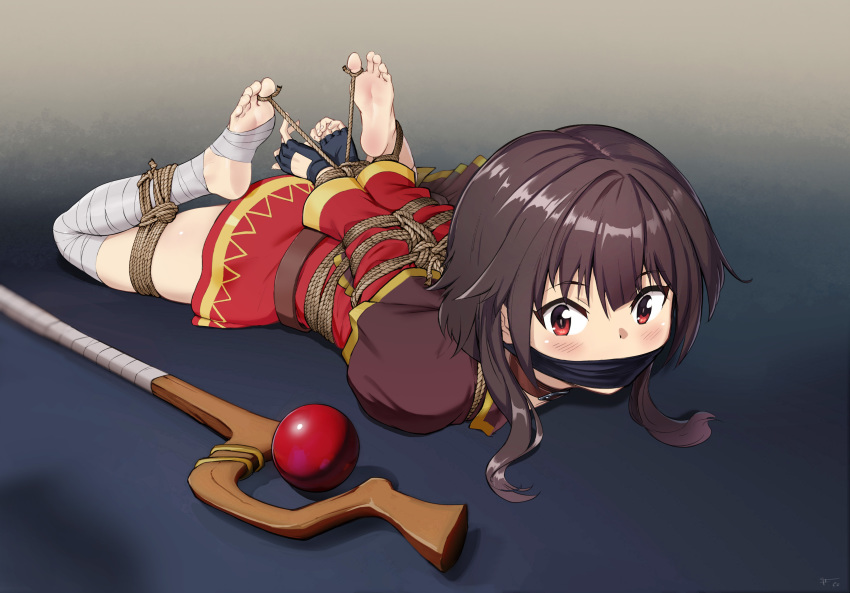 1girl, absurdres, arms_behind_back, bandaged_leg, bandages, barefoot, bdsm, belt