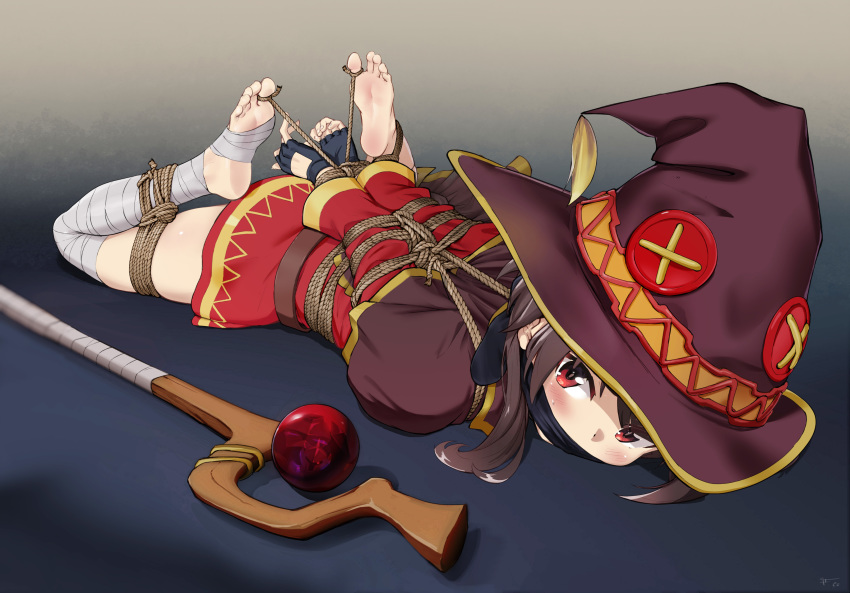 1girl, absurdres, arms_behind_back, bandaged_leg, bandages, barefoot, bdsm, belt