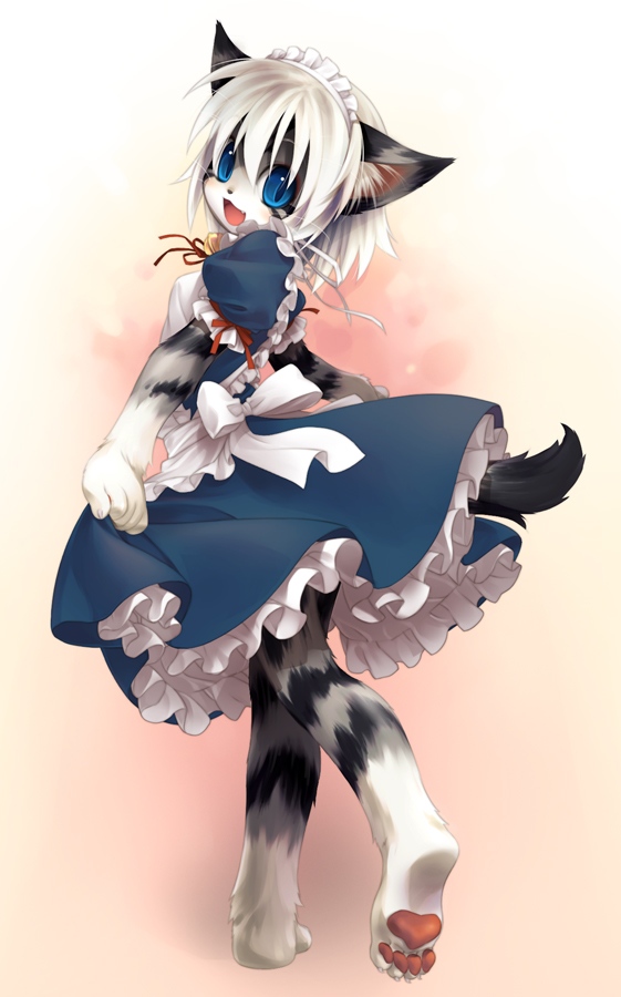 1girl, :3, :d, animal_ear_fluff, animal_ears, animal_nose, apron, bell, blue_dress, blue_eyes, blush, breasts, cat, cat_ears, cat_girl, cat_tail, claws, dress, fang, furry, grey_fur, hair_between_eyes, happy, jingle_bell, karin_(tashiro_yuu), leg_up, long_hair, looking_at_viewer, looking_back, maid, maid_apron, maid_headdress, medium_breasts, open_mouth, original, pawpads, silver_hair, simple_background, slit_pupils, smile, solo, standing, striped_fur, tail, tashiro_yuu, whiskers, white_fur